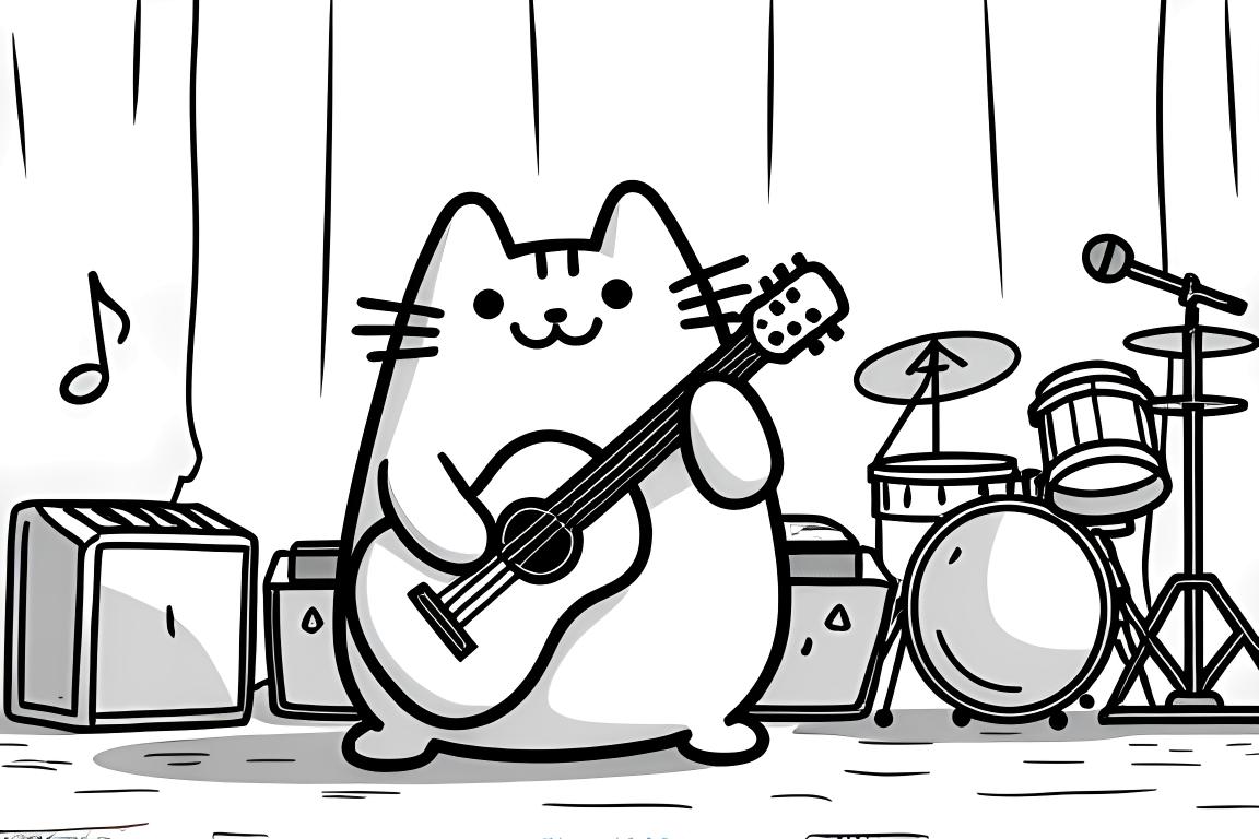 Illustration de livre de coloriage pour enfants de Pusheen le chat se produisant lors d'un festival de musique avec des instruments