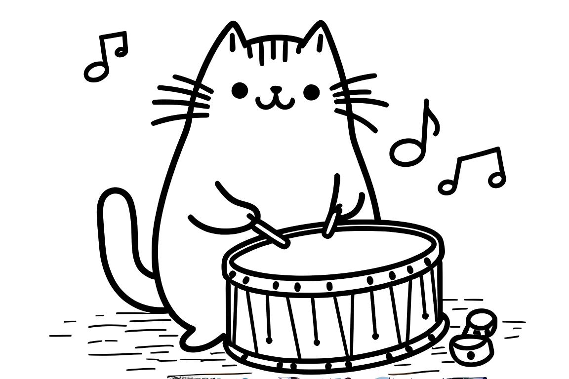 Une page de coloriage simple pour enfants de Pusheen le chat avec des instruments de musique, parfaite pour les tout-petits