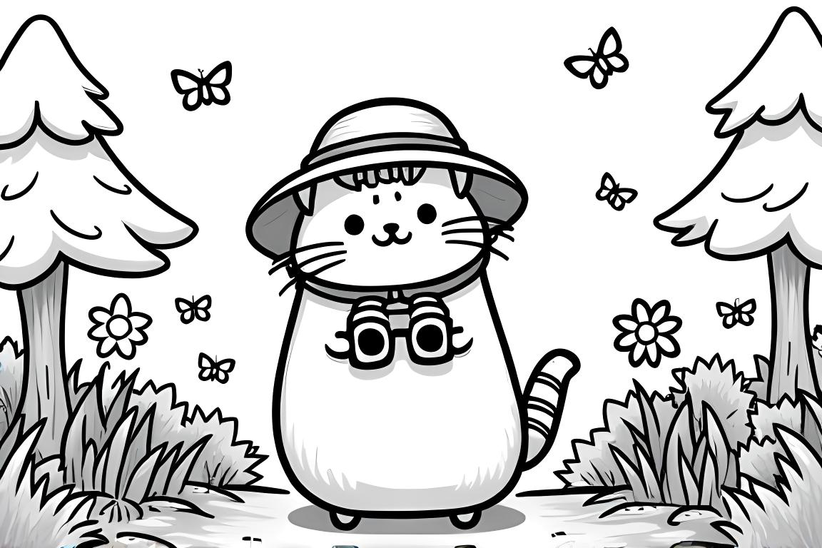 Illustrazione da libro da colorare per bambini di Pusheen che esplora la natura con la fauna selvatica e attrezzature all'aperto