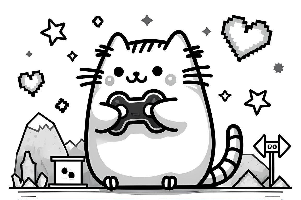 Page de livre de coloriage pour enfants montrant Pusheen le chat dans un décor de jeux vidéo avec des éléments de jeu