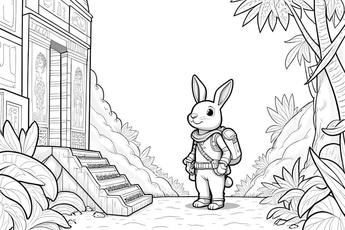 Detaljerad målarbokillustration av en kaninarkeolog som utforskar gamla ruiner med intrikata sniderier