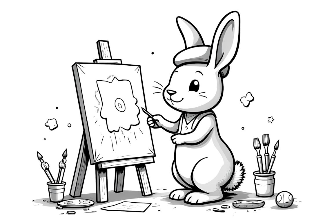 Page de livre de coloriage présentant un lapin peignant à un chevalet