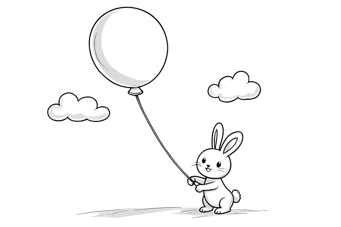 Illustrazione semplice di un libro da colorare di un coniglio che tiene un pallone, perfetta per i bambini piccoli
