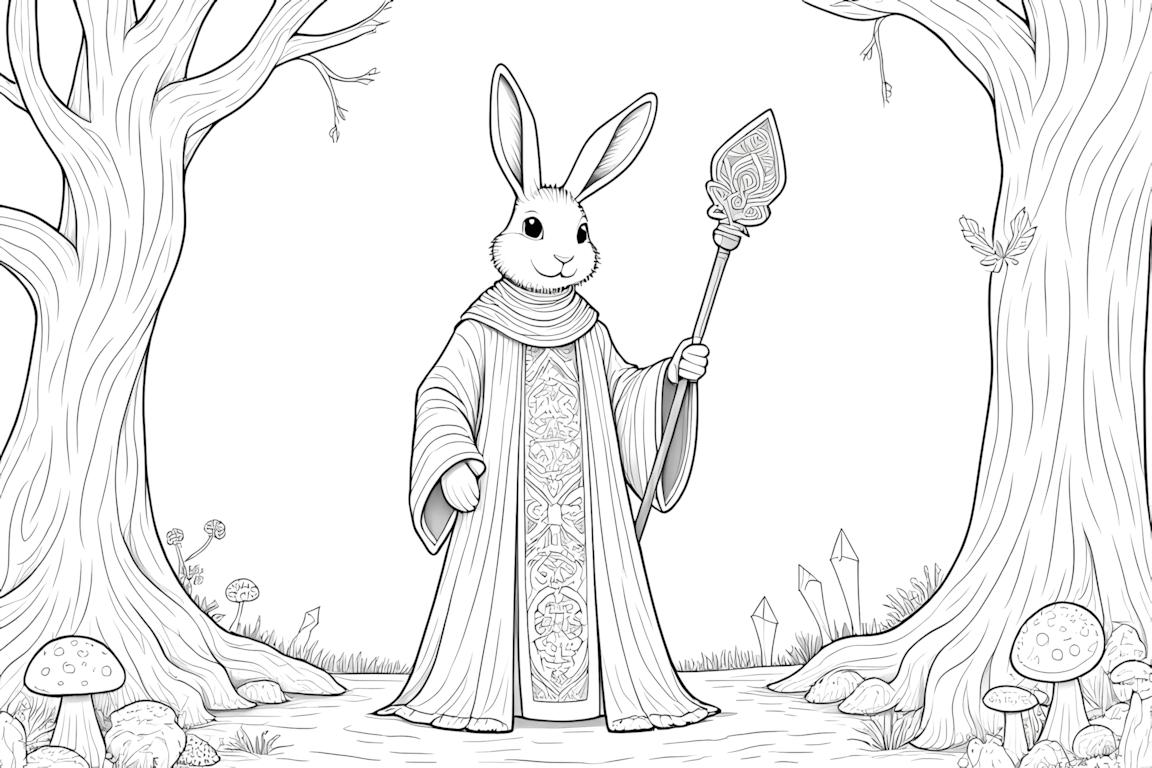 Ilustração detalhada de um livro de colorir de um coelho mago em uma floresta encantada com elementos mágicos