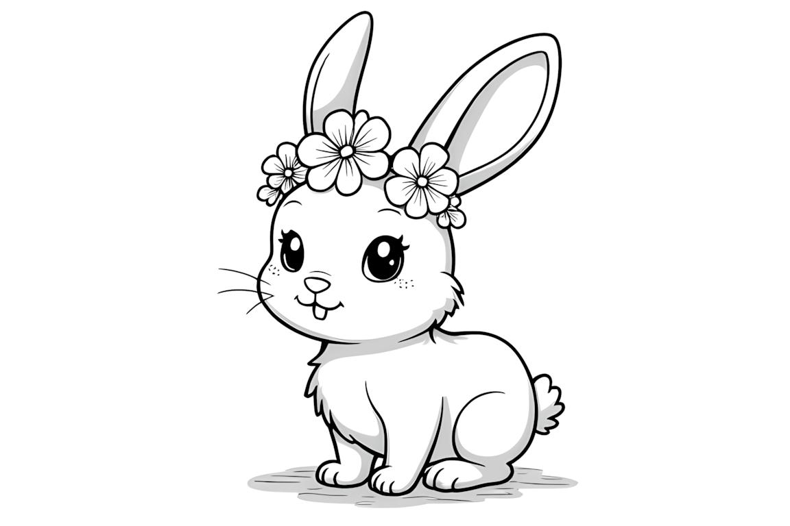Página fácil de un libro para colorear con un conejito usando una corona de flores para niños pequeños