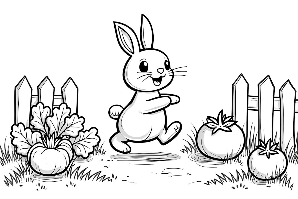 Ilustración de libro para colorear de un conejo explorando un jardín de verduras con zanahorias y lechuga