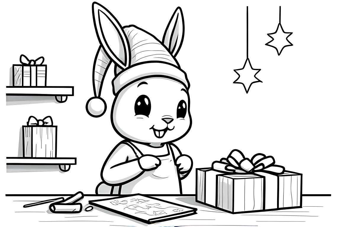 Página de libro de colorear de un conejo envolviendo regalos de Navidad en un ambiente de taller