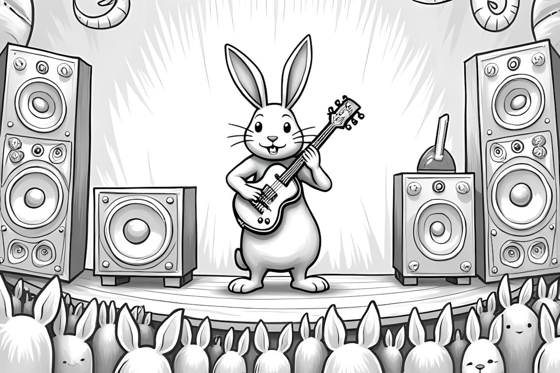 Illustrazione dettagliata di un libro da colorare di un coniglio che si esibisce a un festival musicale con un allestimento scenico elaborato