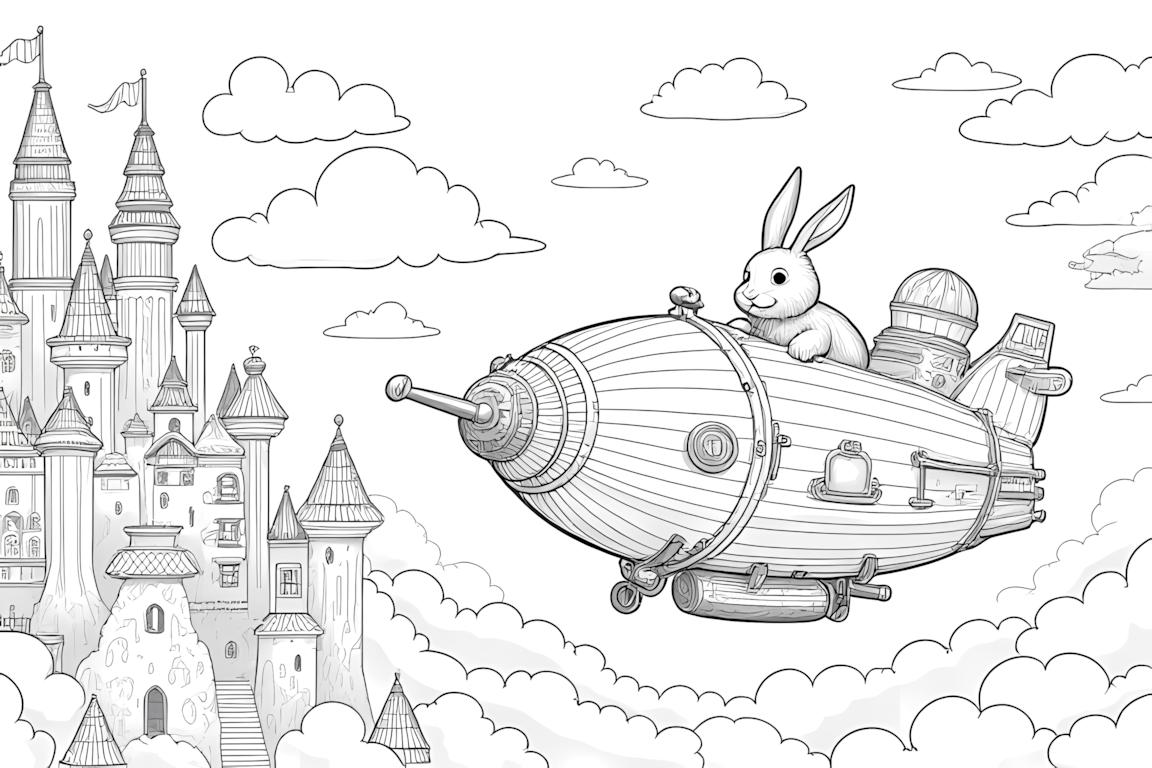 Illustration détaillée d'un livre de coloriage d'un lapin pilote près d'une ville flottante complexe avec une architecture intriquée