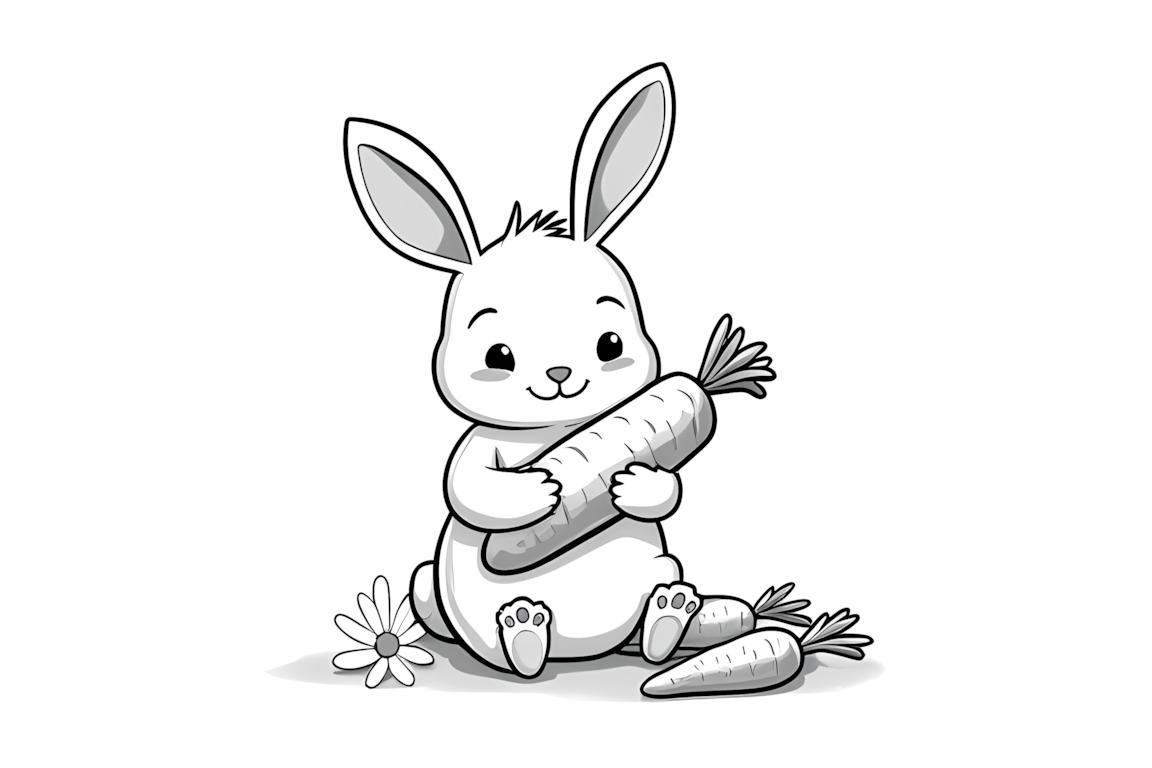 Página de livro de colorir fácil mostrando um coelho comendo uma cenoura, projetada para crianças pequenas