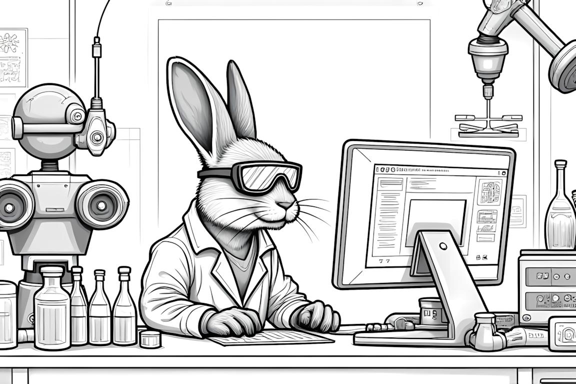 Szczegółowa ilustracja w kolorowance przedstawiająca królika naukowca pracującego w futurystycznym laboratorium z zaawansowanym wyposażeniem