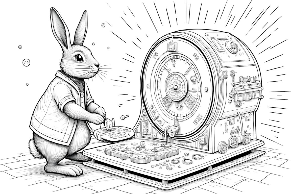Detaljerad målarbokillustration av en kanin med en elaborerad tidsmaskin omgiven av temporala effekter