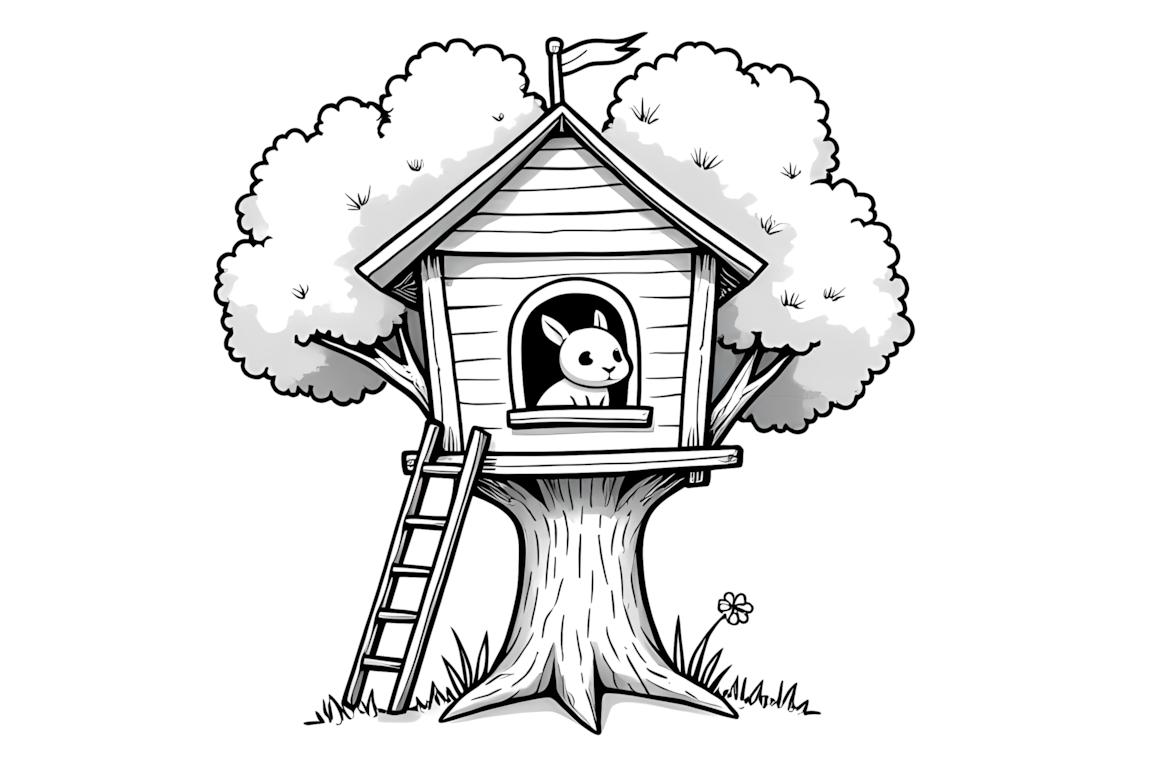 Ilustración de libro para colorear de un conejo en una casa en el árbol con una escalera y una bandera