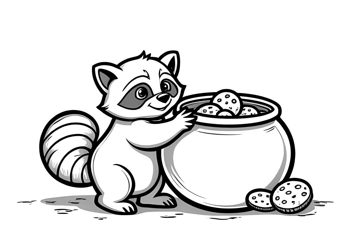 Ilustración de colorear infantil simple de un lindo mapache buscando galletas, perfecta para niños pequeños