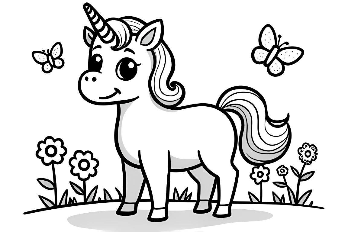 Página simple de un libro de colorear para niños de un unicornio amistoso en un jardín con flores y mariposas