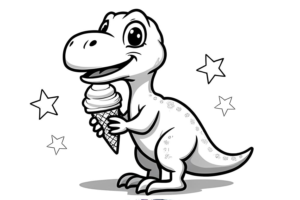 Illustrazione di un semplice libro per bambini di un raptor felice con un cono gelato, perfetta per bambini piccoli