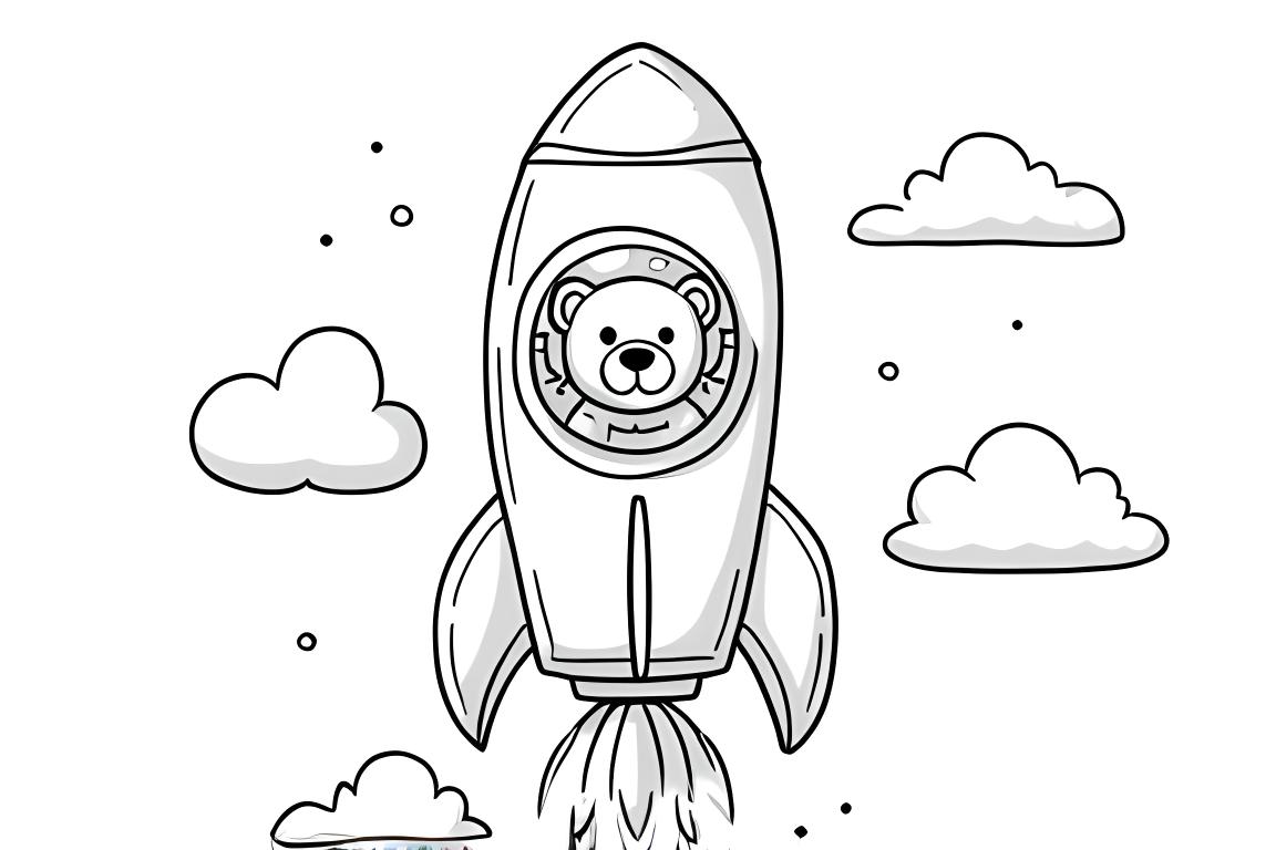 Illustrazione semplice di un libro da colorare per bambini di un orsetto astronauta in un razzo amichevole, perfetta per i bambini piccoli.