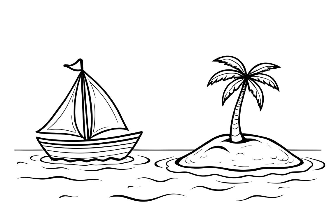 Page simple de coloriage pour enfants présentant un voilier et une île tropicale pour les enfants de 3 ans