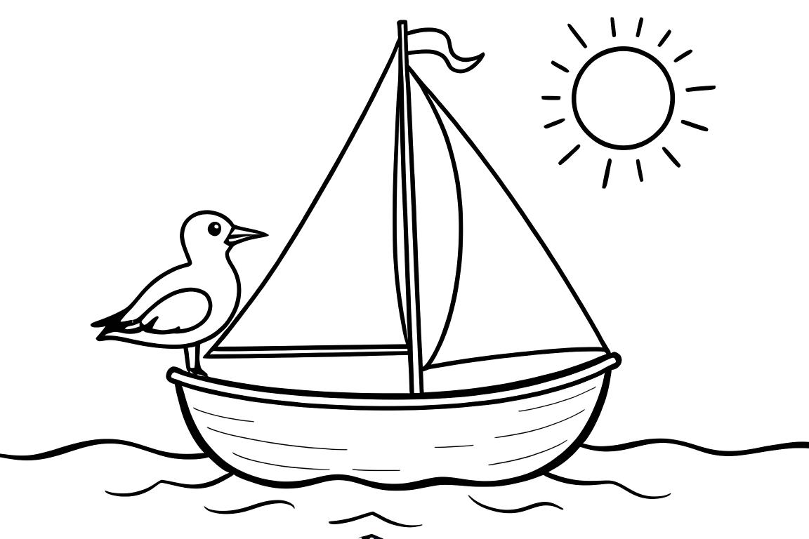 Pagina da colorare semplice per bambini che mostra una barca a vela con un gabbiano per 3 anni