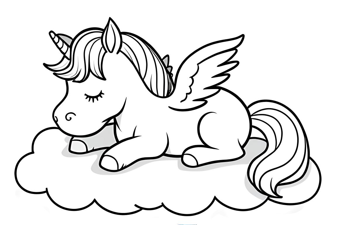 Pagina da colorare pacifica per bambini di un pegaso che dorme su una nuvola, ideale per bambini di 3 anni