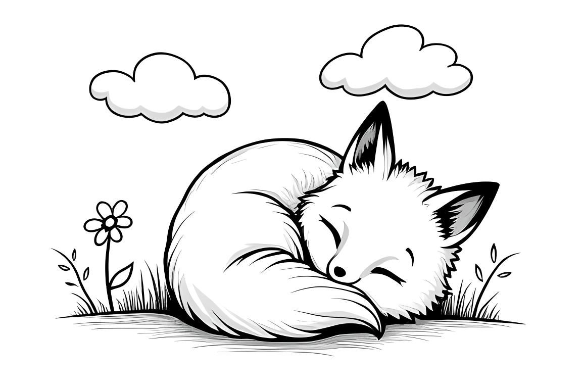 Página sencilla para colorear de un zorro durmiendo bajo las nubes, diseñada para los más pequeños