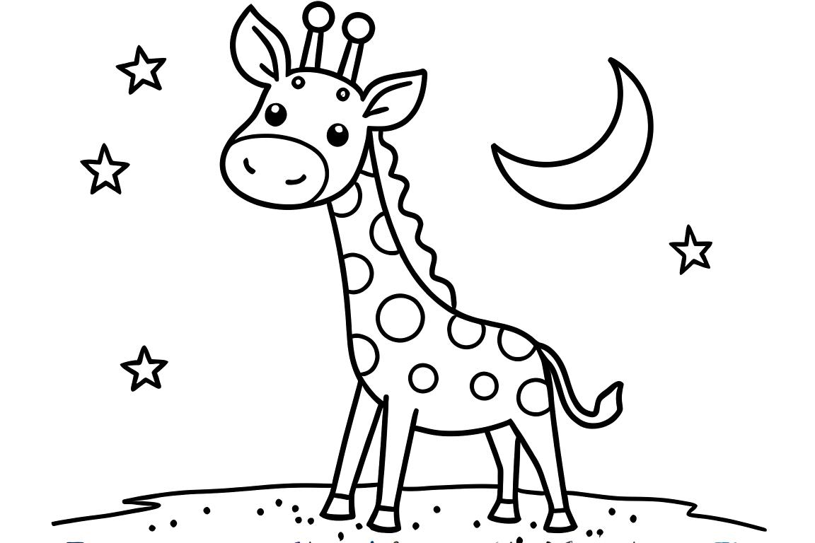 Page de coloriage simple d'une girafe endormie avec une lune et des étoiles, conçue pour les tout-petits
