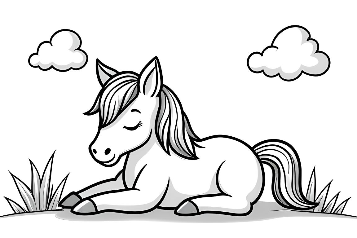 Ilustración simple de un libro de colorear infantil de un caballo durmiendo bajo nubes, perfecto para niños pequeños.