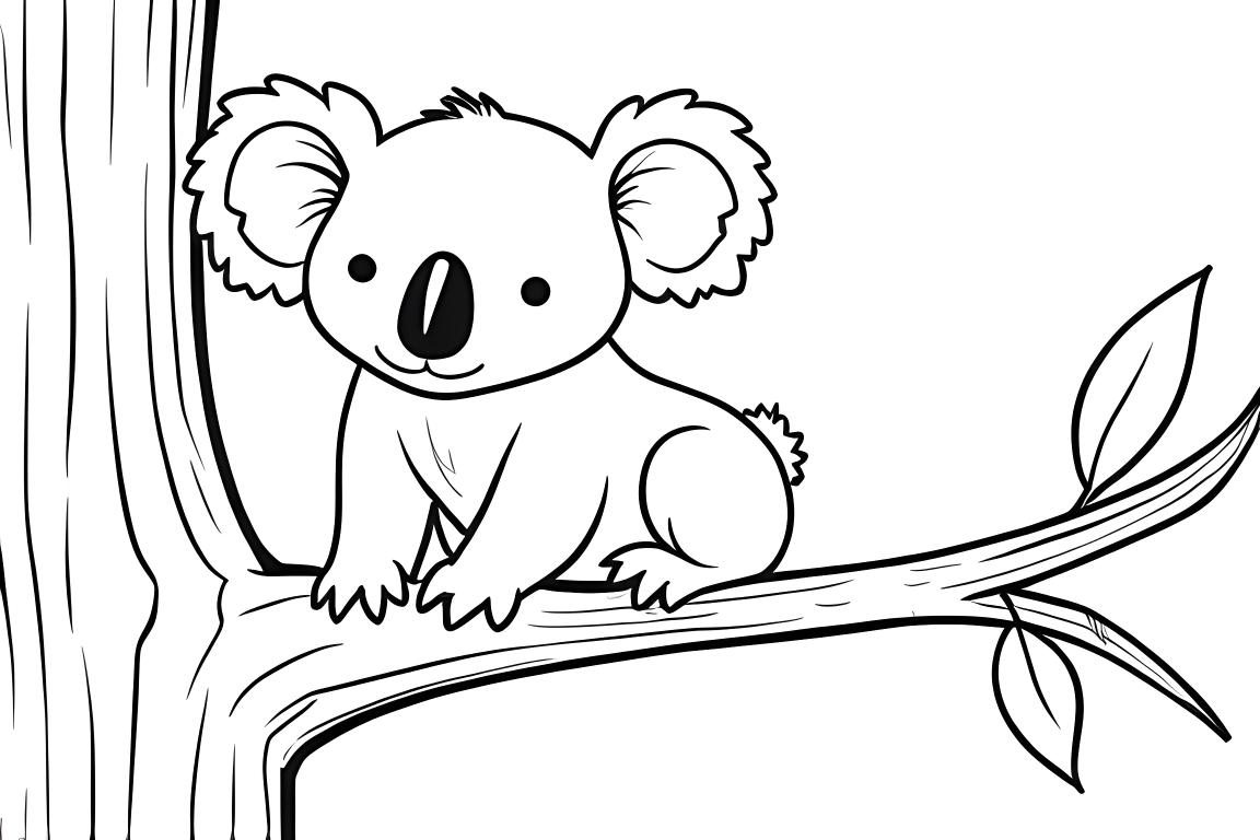 Ilustração simples de livro de colorir infantil de um coala sonolento em um galho para crianças pequenas