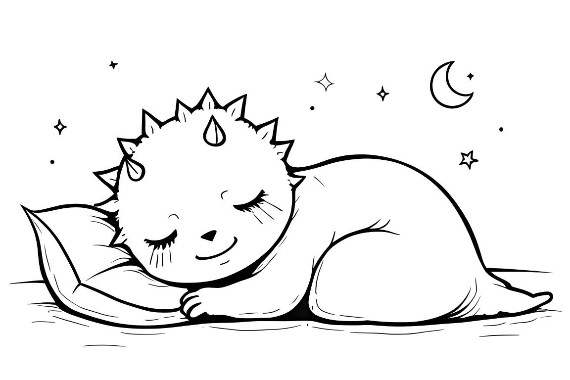 Illustration paisible de livre de coloriage d'un monstre somnolent avec oreiller et couverture, parfait pour le coloriage du coucher
