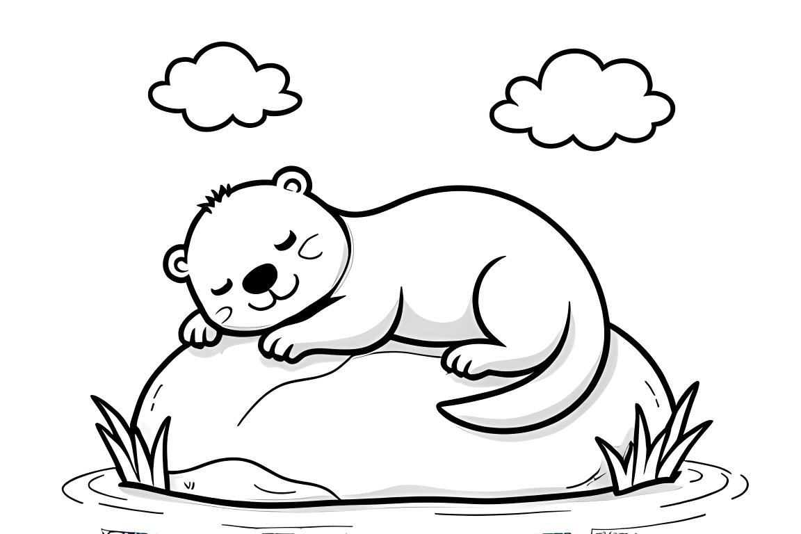 Page de coloriage douce montrant une loutre endormie reposant sur un rocher, parfaite pour les enfants de 3 ans