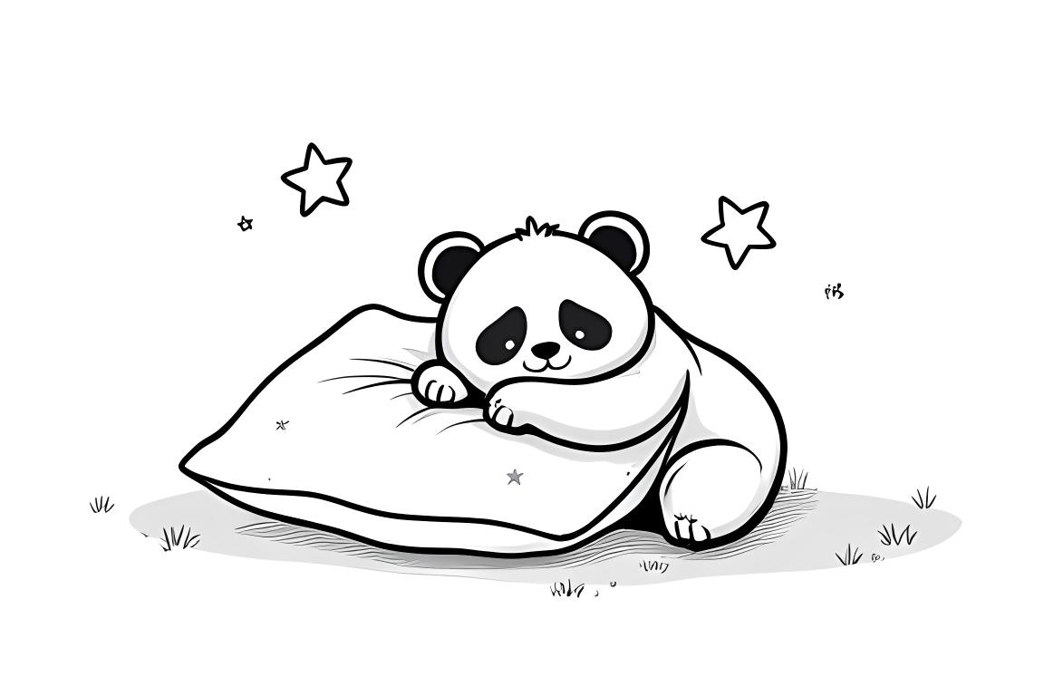 Illustration de coloriage simple pour enfants d'un panda endormi avec un oreiller, parfait pour les tout-petits