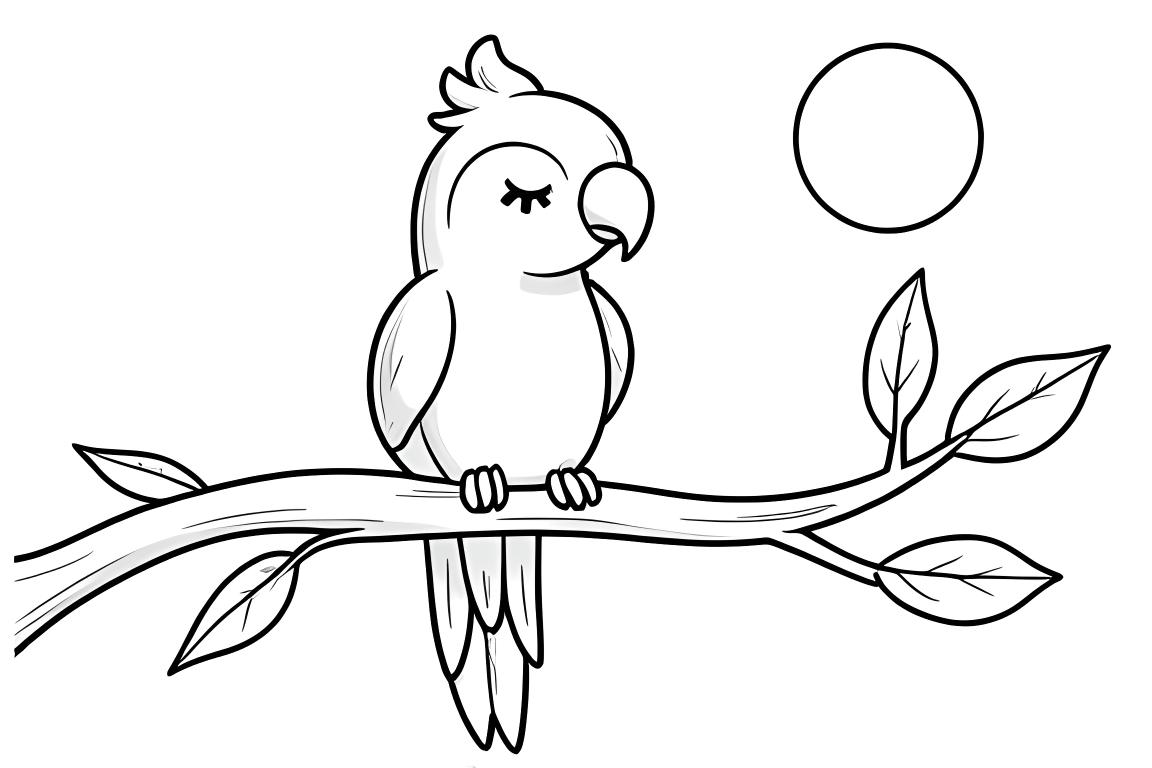 Illustration simple de livre de coloriage pour enfants d'un perroquet endormi sur une branche, idéale pour les tout-petits