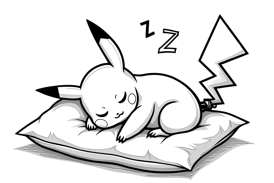 Página de colorir infantil simples de um Pikachu dormindo para crianças pequenas