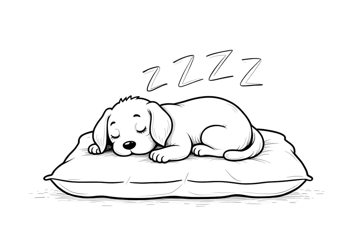 Página simples de livro de colorir apresentando um cachorro dormindo em um travesseiro, projetada para crianças pequenas