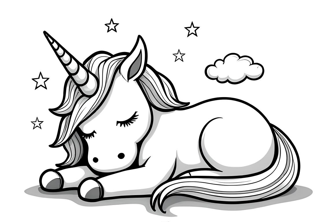 Illustrazione di libro da colorare per bambini di un unicorno dormiente con stelle e nuvole