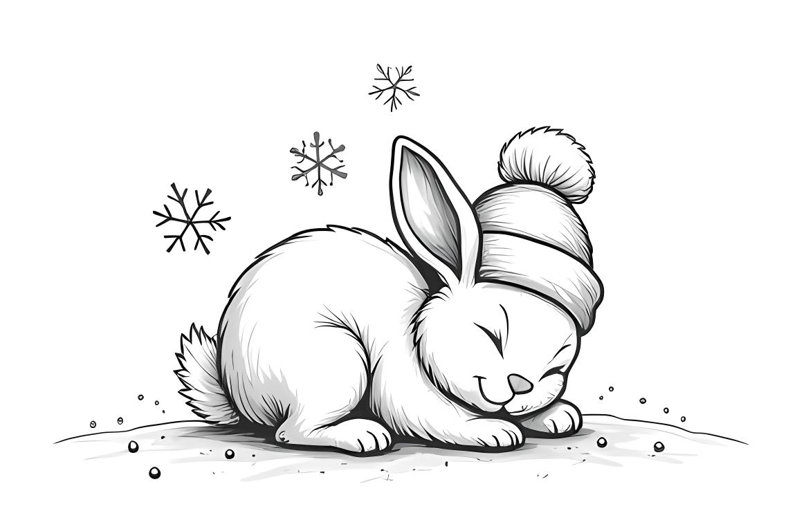 Ilustración para colorear sencilla de un conejo durmiendo con un gorro de invierno, perfecta para niños pequeños