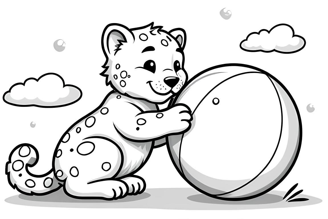 Pagina facile da colorare per bambini con un leopardo delle nevi che gioca con una palla, ideale per bambini piccoli
