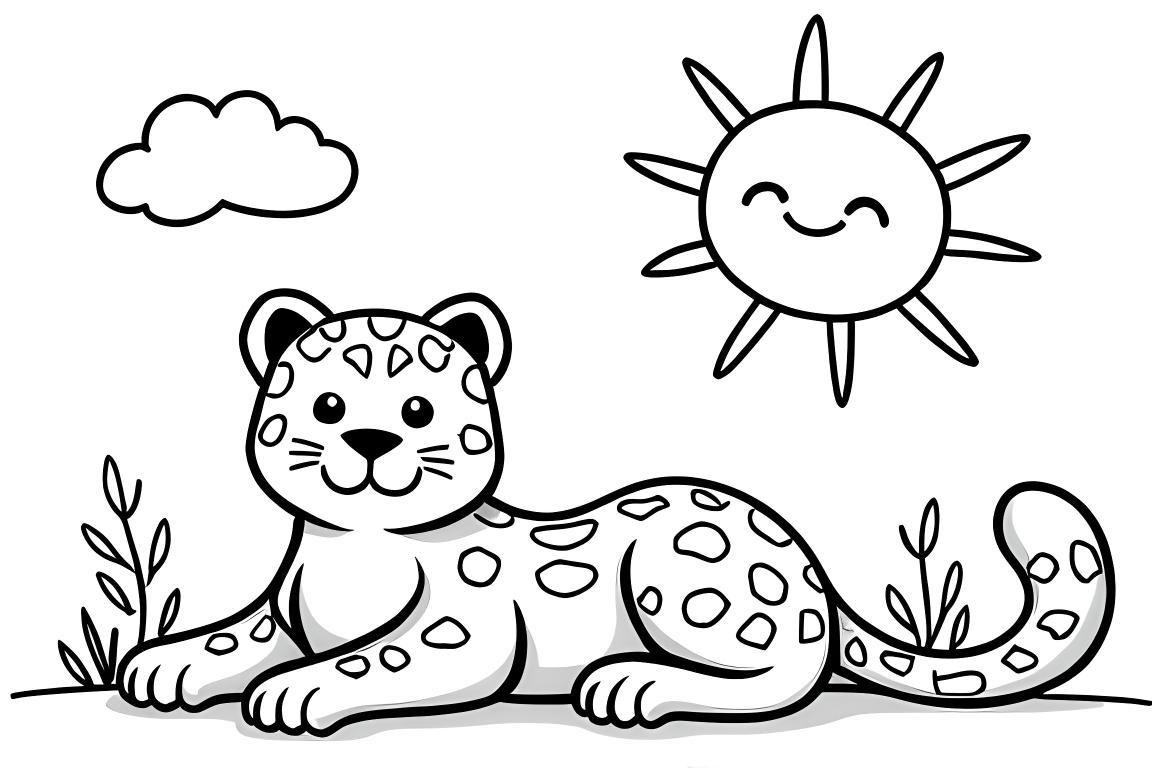 Page simple de livre de coloriage pour enfants d'un léopard des neiges sous un soleil souriant, parfaite pour les enfants de 3 ans