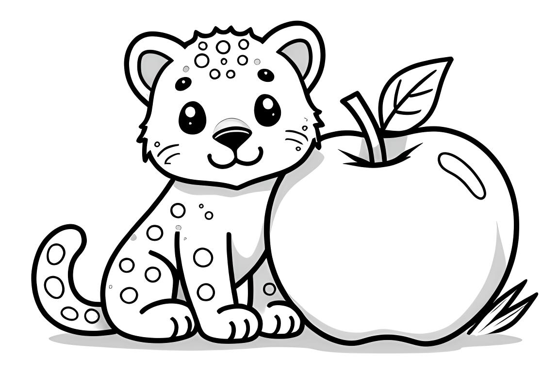 Facile illustrazione da libro da colorare di un leopardo delle nevi con una mela, progettata per bambini di 3 anni
