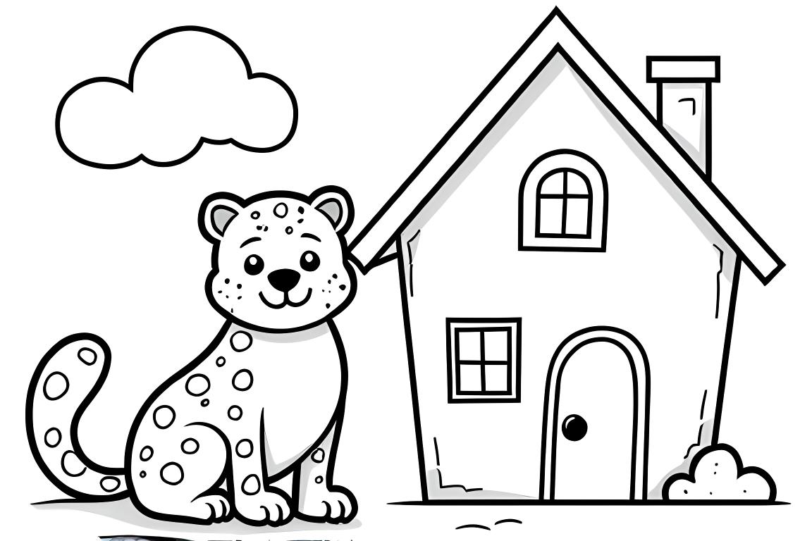 Página simples de livro para colorir mostrando um leopardo-das-neves ao lado de uma casa básica, ideal para crianças de 3 anos