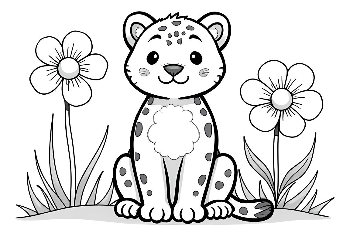 Ilustração simples de livro para colorir de um leopardo-das-neves em um jardim de flores, perfeita para crianças de 3 anos