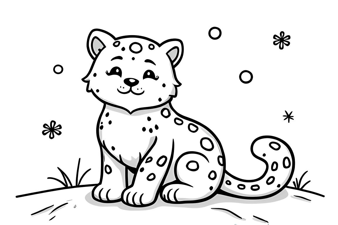 Ilustração simples de livro para colorir infantil de um leopardo-das-neves amigável na neve, projetado para crianças de 3 anos