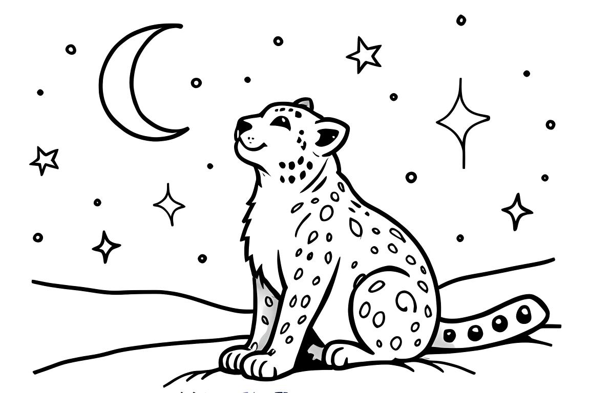 Illustration douce de livre de coloriage d'un léopard des neiges sous les étoiles et la lune, parfaite pour les enfants de 3 ans