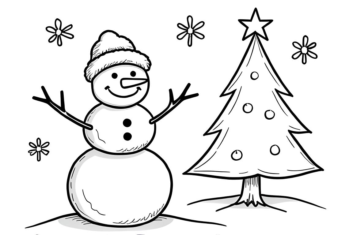Página de colorir infantil fácil mostrando um boneco de neve ao lado de uma árvore de Natal, projetado para crianças de 3 anos