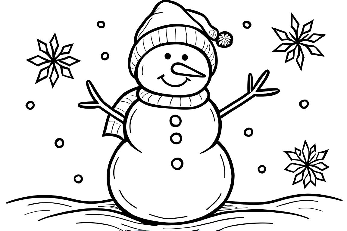 Einfache Malbuch-Illustration eines Schneemanns mit großen Schneeflocken, perfekt für 3-jährige Kleinkinder
