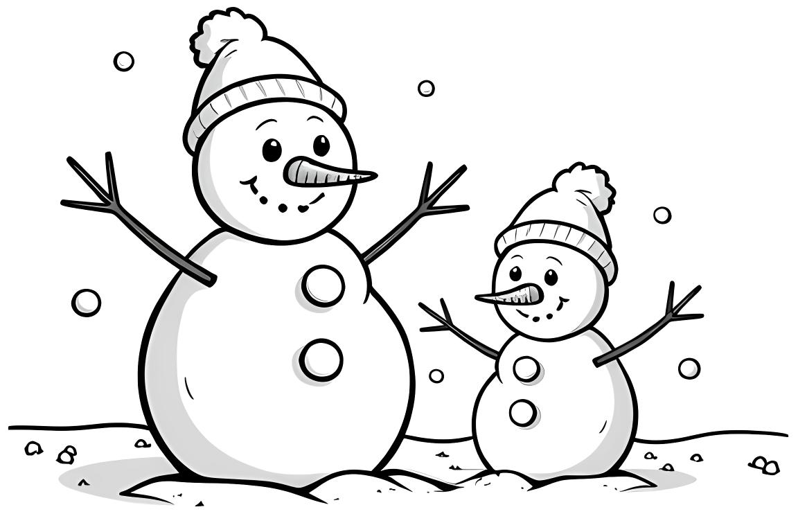 Ilustración para libro para colorear de niños de una familia de muñecos de nieve con muñecos grandes y pequeños, perfecto para niños de 3 años