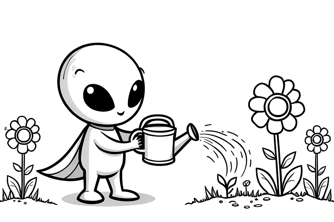 Illustrazione per libro da colorare per bambini di un alieno spaziale che annaffia i fiori in un giardino, pensata per bambini di 3 anni