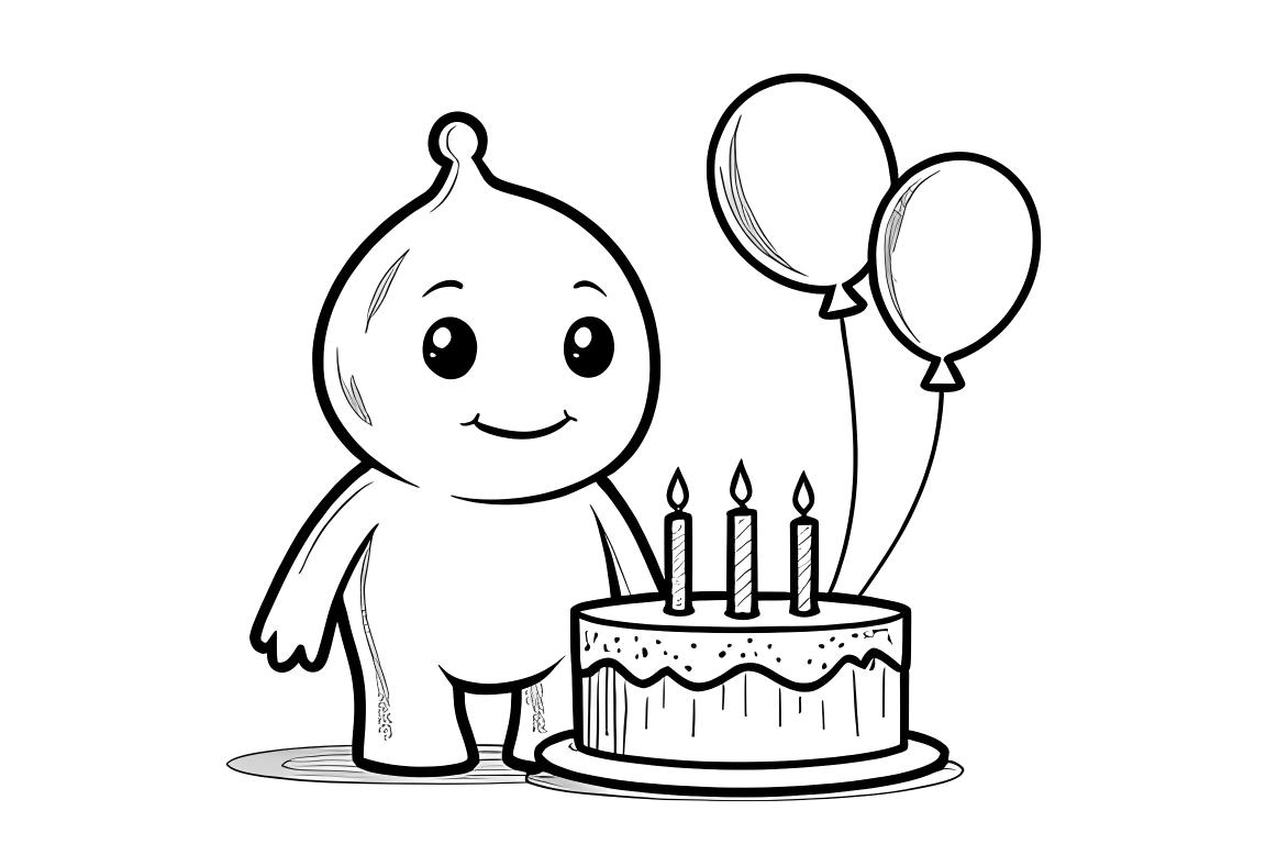 Page de coloriage simple pour enfants montrant un extra-terrestre avec gâteau d'anniversaire et ballons, parfaite pour les enfants de 3 ans