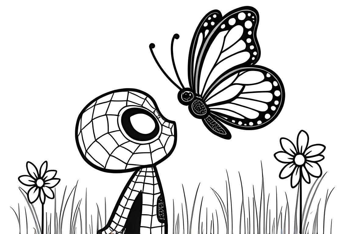 Simple page de livre de coloriage pour enfants de Spiderman avec un papillon, parfaite pour les tout-petits