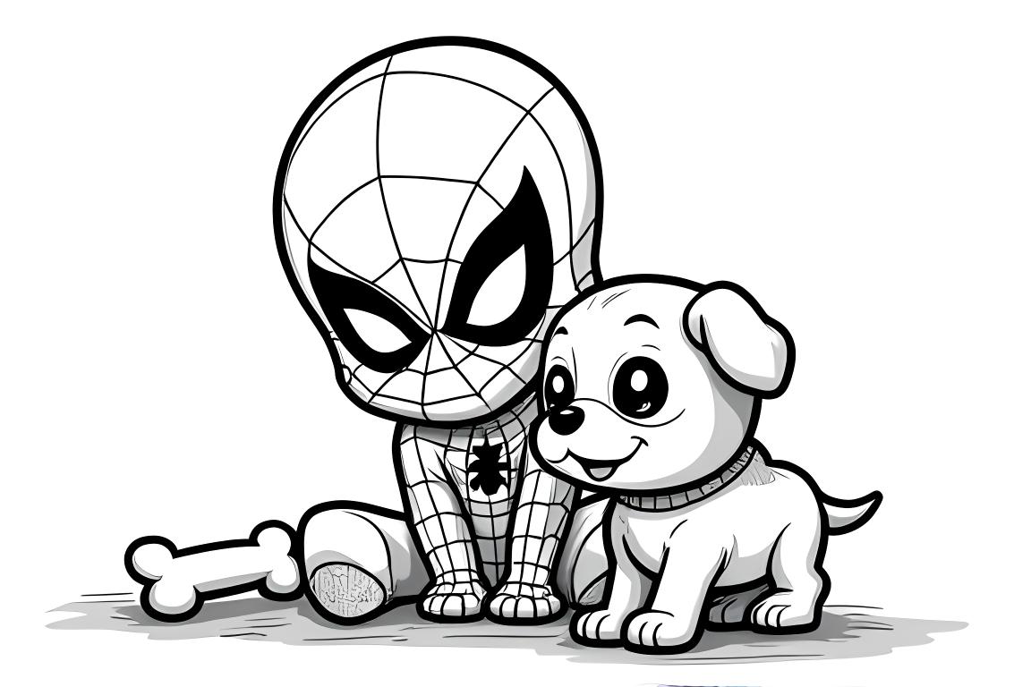 Sencilla página de libro para colorear infantil de Spiderman con un cachorro, perfecta para niños pequeños